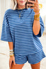 Green Stripe Striped Ribbed Cotton Two-Piece Pant Set with Chest Patch Detail
