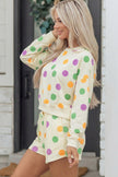 Beige Polka Dot Print Drop Shoulder Pullover Drawstring Shorts Set