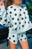 Beige Polka Dot Print Drop Shoulder Pullover Drawstring Shorts Set