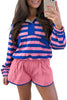 Purple Stripe Half Button Long Sleeve Top Mix and Match Shorts 2pcs Set
