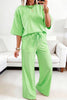 Sachet Pink Lace Patchwork Half Sleeve Top Elastic Waist Pants Two Piece Set