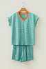 Yellow Stripe Colorblock Trim V Neck Tee Drawstring Elastic Waist Short Set
