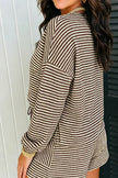 Brown Stripe Textured Knit Long Sleeve Top Elastic Waist Shorts Casual Outfit