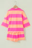 Pink Half Zipper Placket Bracelet Sleeve Top Casual Shorts Set
