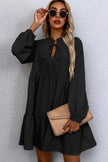 Black Tie Split Neck Smocked Detail Puff Sleeve Ruffle Hem Loose Dress