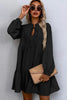 Black Tie Split Neck Smocked Detail Puff Sleeve Ruffle Hem Loose Dress