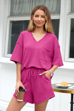 Black Solid Color Waffled V Neck Loose Tee Drawstring Shorts Set