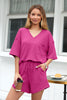 Black Solid Color Waffled V Neck Loose Tee Drawstring Shorts Set