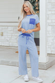 Rose Stripe Crew Neck Tee Drawstring Waist Cropped Pants Set