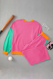 Rose Red Colorblock Patchwork Long Sleeve Top and Pants Set