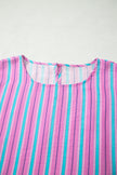 Pink Stripe Dolman Short Sleeve Blouse Drawstring Elastic Waist Loose Short Set