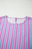 Pink Stripe Dolman Short Sleeve Blouse Drawstring Elastic Waist Loose Short Set