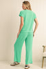 Bright Pink Solid Corded Short Sleeve T Shirt and Wide Leg Pants Set