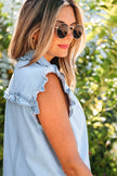 Sail Blue Ruffled Edge Collared Shift Denim Dress with Pockets