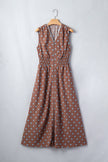 Brown Polka Dot Print Contrast Trim V Neck Zip Up Sleeveless Dress