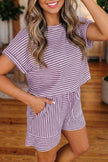 Brown Stripe Breathable Textured Knit Short 2pcs Set
