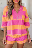 Pink Half Zipper Placket Bracelet Sleeve Top Casual Shorts Set