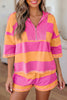 Pink Half Zipper Placket Bracelet Sleeve Top Casual Shorts Set