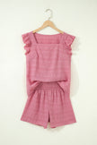 Fiery Red Textured Square Neck Top and Shirred High Waist Shorts Set