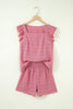 Fiery Red Textured Square Neck Top and Shirred High Waist Shorts Set