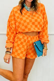 Pink Plaid Checkered Long Sleeve Crop Top Elastic Waist Shorts Two Piece Set