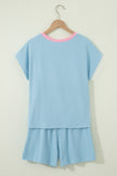 Sachet Pink Soft Ribbed Color Block Trim Casual Short Set