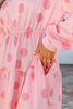 Pink Polka Dot Printed Long Sleeve Flared Mini Dress