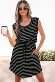 Beige Stripe Drawstring Tunic Tank Mini Dress with Pockets