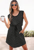 Beige Stripe Drawstring Tunic Tank Mini Dress with Pockets