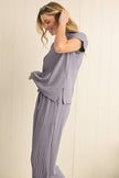 Bright Pink Solid Corded Short Sleeve T Shirt and Wide Leg Pants Set