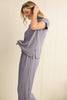 Bright Pink Solid Corded Short Sleeve T Shirt and Wide Leg Pants Set