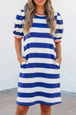 Blue Stripe Contrast Trim Round Neck Short Puff Sleeve Shift Mini Dress