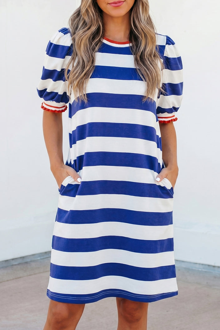 Blue Stripe Contrast Trim Round Neck Short Puff Sleeve Shift Mini Dress
