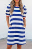 Blue Stripe Contrast Trim Round Neck Short Puff Sleeve Shift Mini Dress