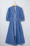 Blue V Neck Shirred Waist Metal Zipper Denim Midi Dress