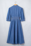 Blue V Neck Shirred Waist Metal Zipper Denim Midi Dress