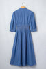 Blue V Neck Shirred Waist Metal Zipper Denim Midi Dress
