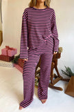 Pink Stripe Casual Long Sleeve Top Drawstring Pant Set
