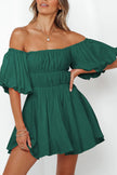 Green-2 Solid Color Shirred Bubble Sleeve Off Shoulder Babydoll Dress
