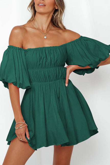 Green-2 Solid Color Shirred Bubble Sleeve Off Shoulder Babydoll Dress