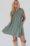 Mist Green Frilled Seam Round Neck T Shirt Dress