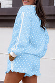 White Polka Dot Print Side Stripe Detail Casual Sweatshirt 2pcs Short Set