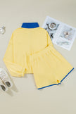 Navy Blue Colorblock Patchwork Half Button Pullover and Shorts Outfit