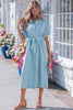 Sail Blue Full Buttons Collared Short Bubble Sleeve Long Denim Dress