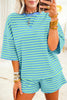 Green Stripe Striped Ribbed Cotton Two-Piece Pant Set with Chest Patch Detail