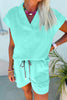 Mint Green V Neck Short Sleeve Top Drawstring Shorts 2pcs Set