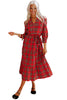 Red Christmas Plaid V Neck Tie Waist Ruffle Hem Long Dress