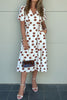 White Polka Dot Printed V Neck Short Sleeve Tie Waist Midi Dress