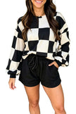 Khaki Checkerboard Plaid Long Sleeve Solid Color Shorts 2pcs Set