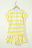 Yellow Stripe Colorblock Trim V Neck Tee Drawstring Elastic Waist Short Set